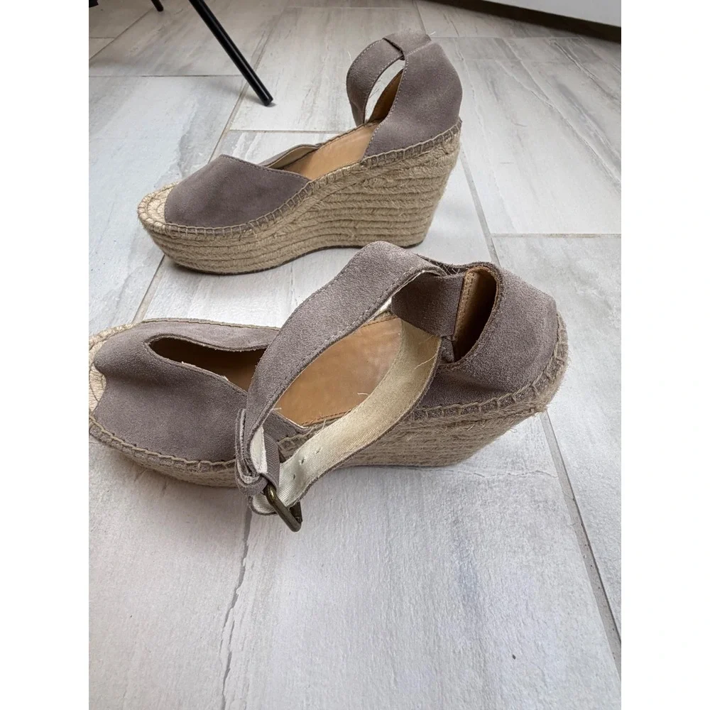 Soludos Grey Suede Espadrille Wedge Sandals Ankle Strap Platform Size 9.5